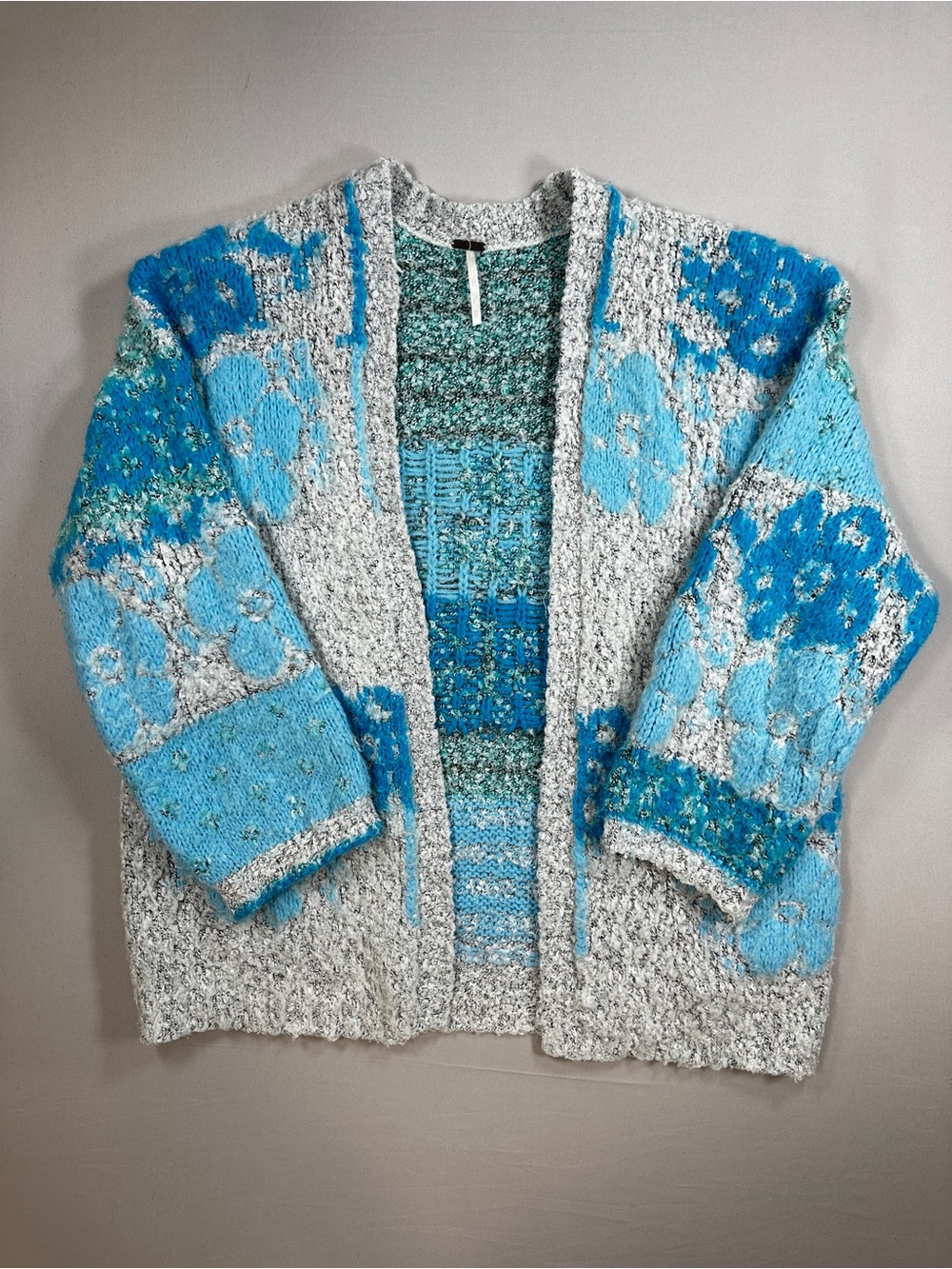 Free People Blue Floral Open Front Chunky Cardigan Sweater – Textured Knit XS
